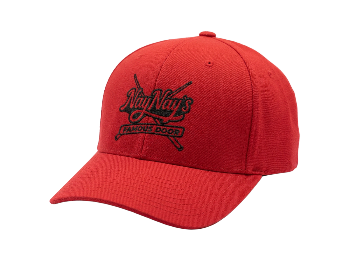 Red Richardson Flexfit baseball cap with black NayNay's Famous Door embroidered logo