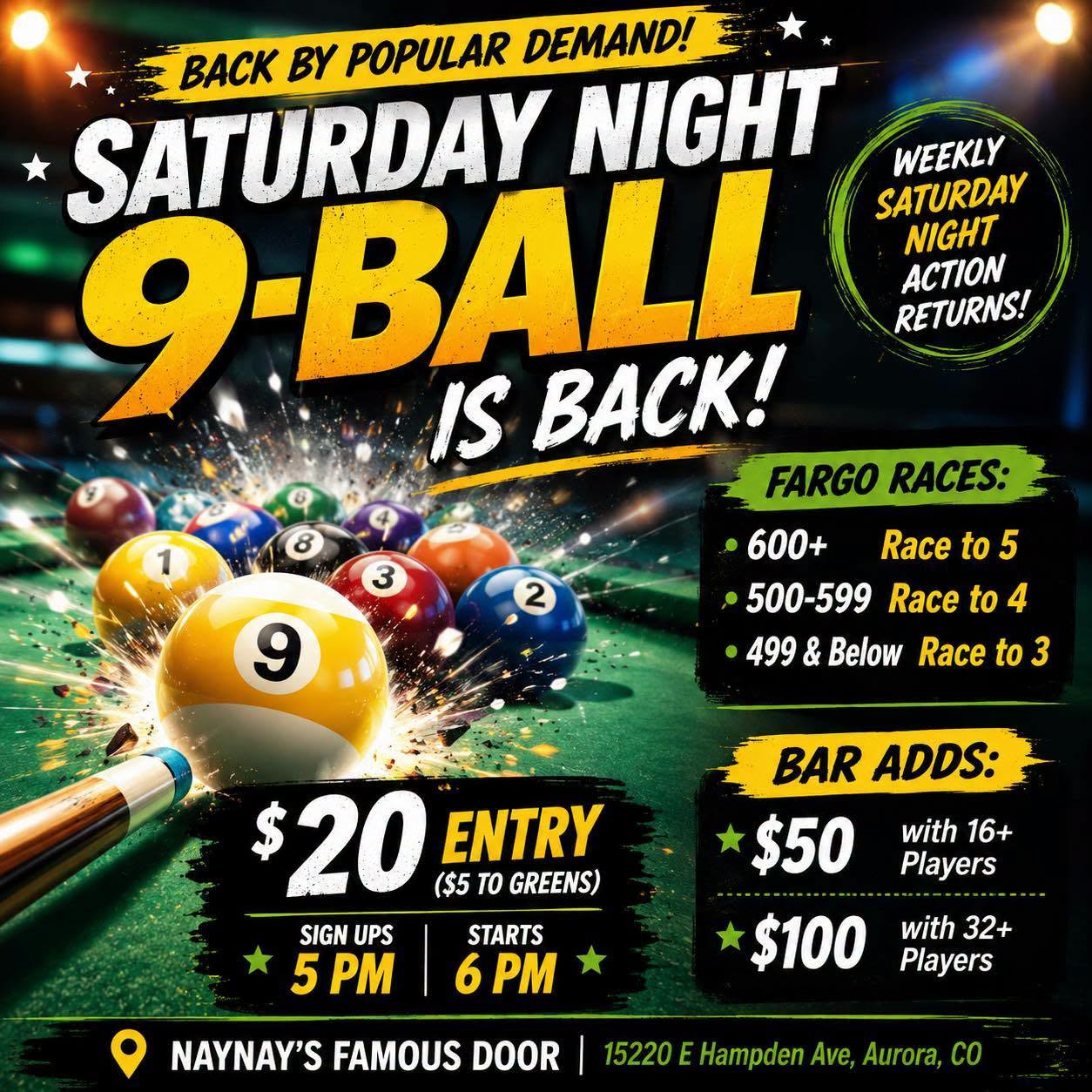 Saturday Night 9-Ball Tournament flyer — $20 entry, sign-ups 5 PM, starts 6 PM