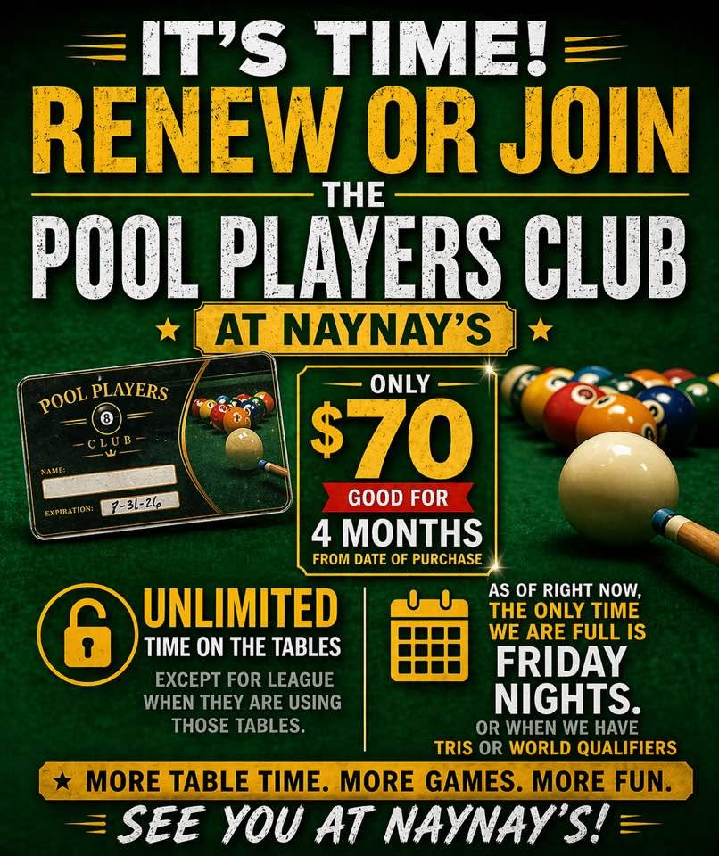 Pool Players Club at NayNay's — $70 for 4 months of unlimited table time