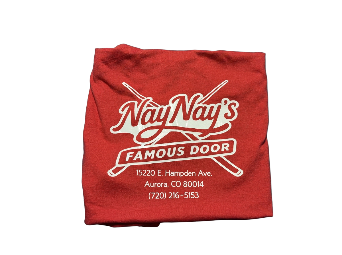 Red NayNay's Famous Door t-shirt with white logo and Aurora, CO address